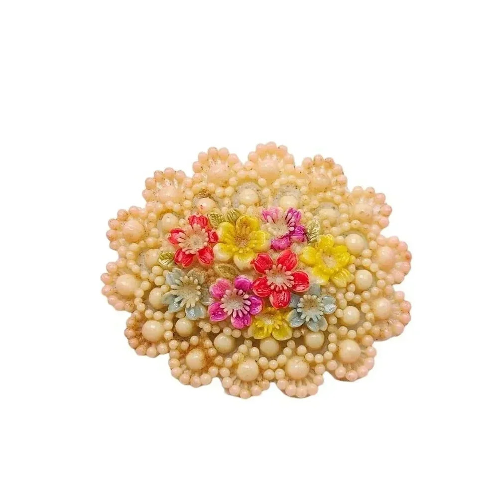 Multicolor Celluloid Large Floral Plastic Brooch Pin Vintage 1930s